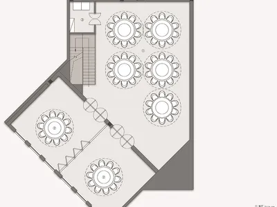 一張黑白細膩的餐廳用餐區建築平面圖。