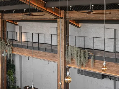 Industrially designed restaurant interior featuring wooden materials