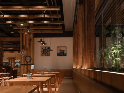 現代工業風餐廳室內，搭配木質家具與裸露木樑。