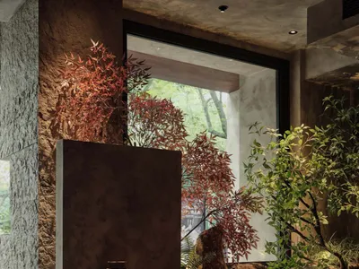 Interior of a minimalist restaurant with concrete walls, seating area, and plants.
