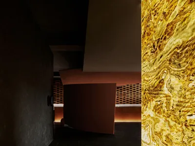 Modern interior design of a hotel suite featuring luxurious marble accents and contemporary style.