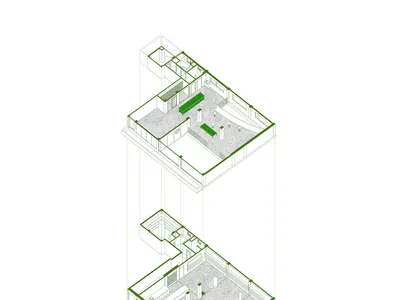 A floor plan of an industrial-style living room with concrete walls and flooring.
