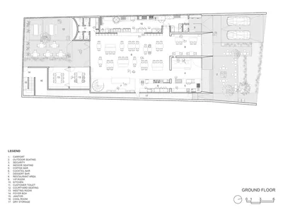 詳細的餐廳建築平面圖，顯示室內外座位區、廚房及各項功能空間