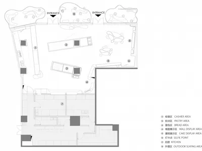 餐廳室內佈局的詳細建築圖，呈現多個功能區域與座位安排。