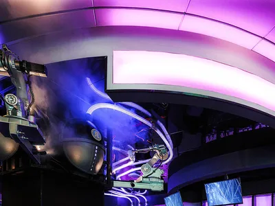 Industrial design restaurant with metal, glass, and plastic materials
