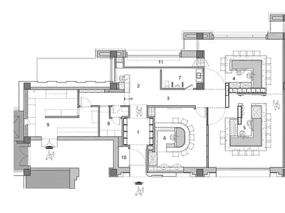 A detailed 2D architectural drawing of a modern restaurant layout
