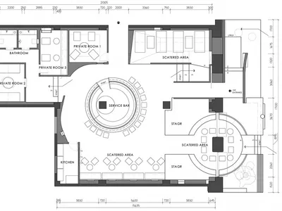 餐廳室內的建築平面圖，包含多間包廂、分散式座位區以及服務吧台。