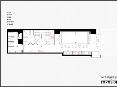 A floor plan of a modern bar-restaurant with various functional zones such as a bar, deck, and LED lighting.