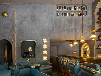 Modern design restaurant bar with concrete walls and hanging lights.