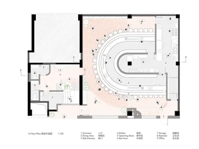 A detailed floor plan of a cafe interior design showing various functional zones, including dining, kitchen, operating room,