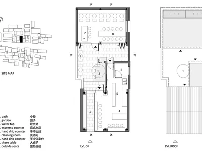 Floor plan of a coffee shop with tile flooring.