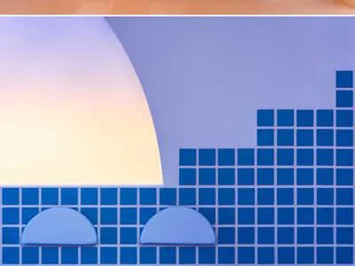A modern restaurant interior with blue tiles, metal furniture, and a sun-like lighting fixture.