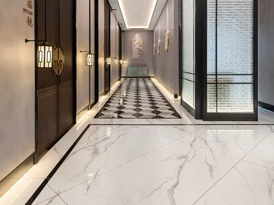 A grand marble corridor with elegant lighting and modern design features.