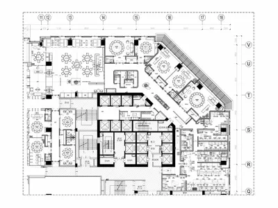 現代商業廚房的詳細2D建築圖，呈現鋼材、混凝土與瓷磚表面。