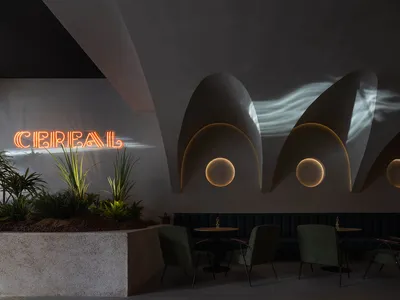 A modern coffee shop interior with concrete walls, circular lights, and greenery.