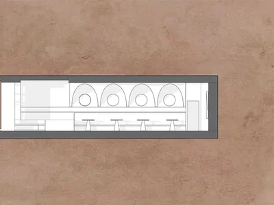 餐廳室內設計的詳細建築草圖，展示拱門與座位安排。