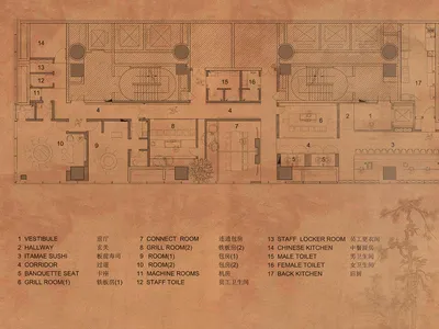 Industrial-style restaurant floor plan showing various rooms and spaces.