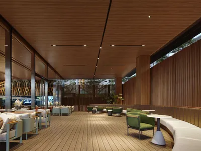 Modern restaurant interior with wooden accents, fabric seating, and mixed materials