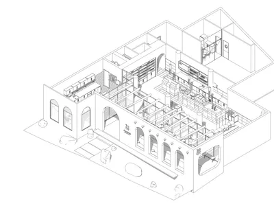 餐廳的建築平面圖，採用混凝土與玻璃材質。