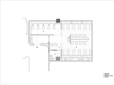 Diagram of a restaurant layout featuring lounge seating, a take-out lounge, a back room, and reception areas.