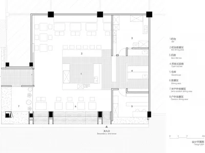 一張以混凝土材質與開放空間為特色的餐廳平面圖技術2D繪圖。