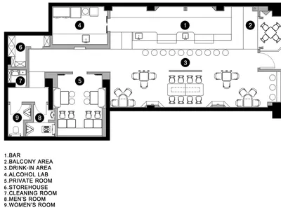 Floor plan of a restaurant's bar area showing seating arrangements and functional zones.