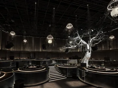 An industrial-style restaurant with metallic elements and glass features.