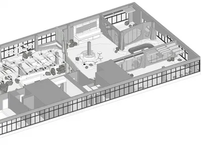 A modern hotel suite with a focus on concrete materials.