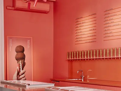 Modern restaurant interior with metallic aluminum countertop, red walls, and a menu board listing various ice cream flavors.