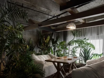Industrial-style living room with concrete walls, wooden beams, and lush greenery.
