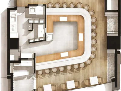 Floor plan of a cafe bar featuring wooden flooring and seating.