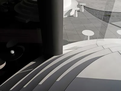 Modern restaurant interior with sleek, clean lines and contemporary materials.