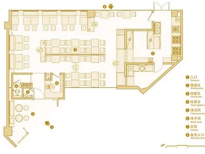 A detailed floor plan of a modern restaurant interior, showcasing contemporary design elements and layouts.