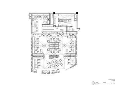 Industrial restaurant design plan with metal fixtures and concrete flooring.