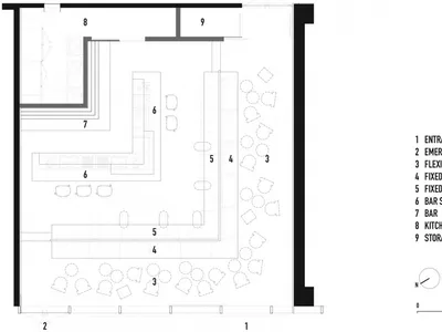Floor plan of a cafe seating area with numbers and labels for entrance/exit, emergency exit, flexible seating area, fixed sea