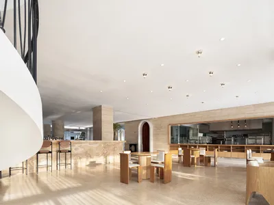Modern restaurant interior with marble flooring and countertops