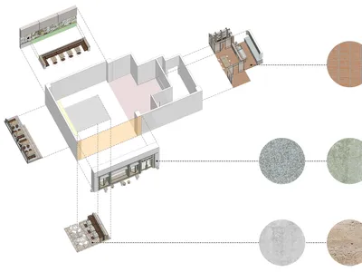 餐廳室內平面圖，展示各種設計元素與材質。