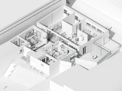 An isometric architectural rendering of a modern restaurant featuring exposed concrete walls and extensive use of glass.