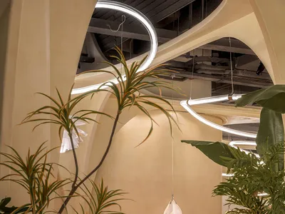 Modern restaurant interior with stylish design and green plants in the foreground.