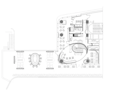 A detailed 2D architectural drawing of a modern restaurant layout.