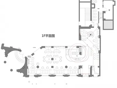 餐廳平面圖的線性二維建築繪圖，顯示座位安排、餐桌與功能分區。