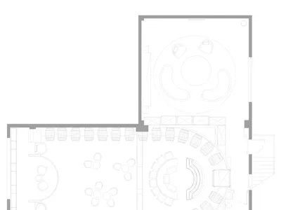 一張黑白建築圖，描繪餐廳的空間配置。