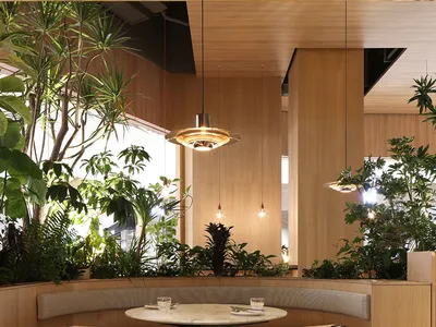 A cozy cafe interior featuring wooden walls and ceiling, plant decoration, and a round table with chairs.