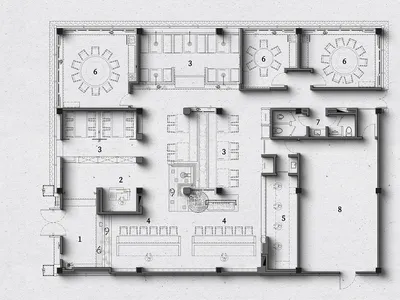 餐廳室內設計配置的2D建築圖面。