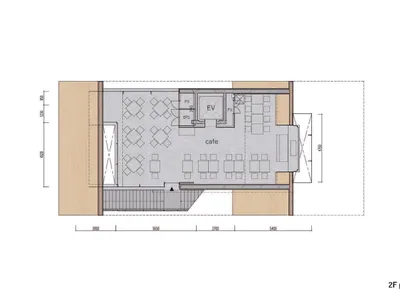 2D architectural drawing of a cafe interior design plan with tables, chairs, and functional zones labeled.