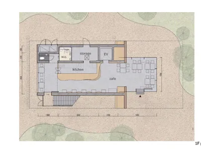 Floor plan of a cafe with concrete materials.