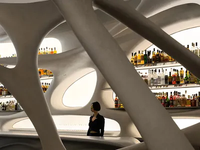 A modern restaurant bar with a unique, organic architectural design featuring a bar counter crafted from glass and concrete m