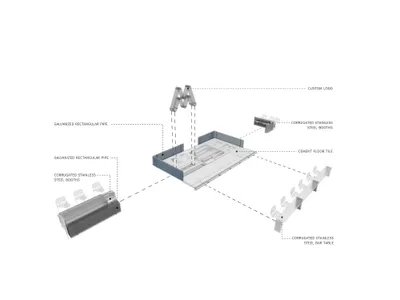3D rendering of an industrial-themed restaurant layout featuring corrugated stainless steel materials.