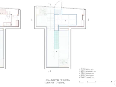 A 2D architectural drawing of a restaurant's floor plan with different zones labeled and a 1.250m scaled plan.