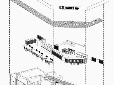 A 3D architectural drawing of an industrial-style restaurant interior with wooden elements.